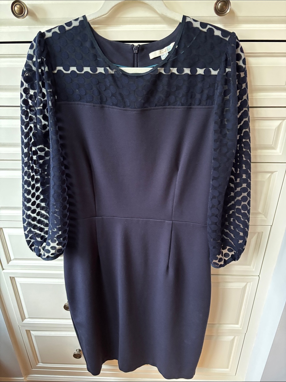 Boden Electra Ponte Midi Dress with Polka Dot Mesh Sleeves
